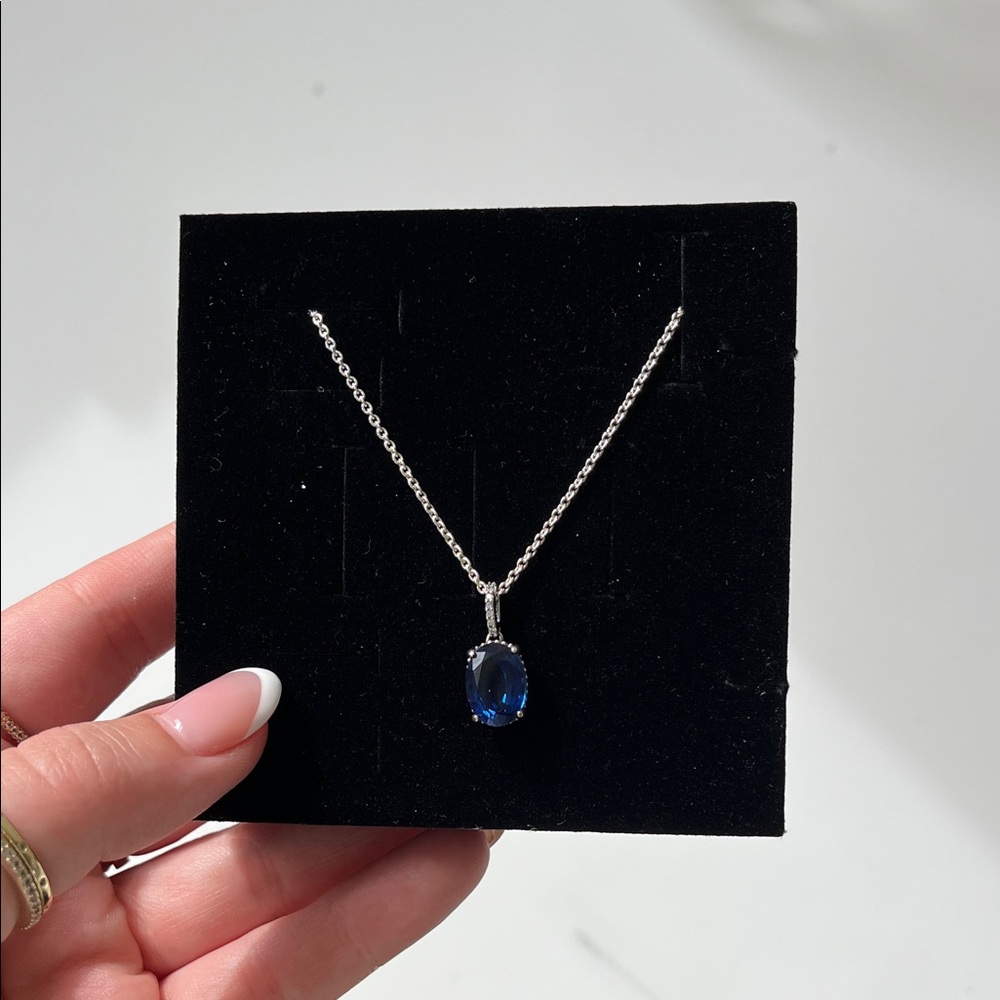 Pandora Silver Necklace with Deep Blue Sapphire Pendant